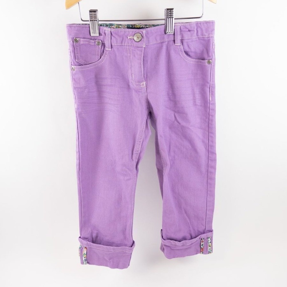 Mini Boden Lavender Purple Denim Jeans Floral Cuff Adjustable Waist Girls 9Y